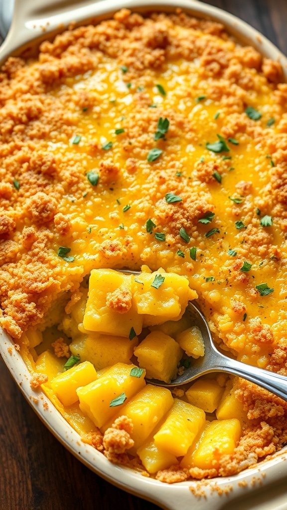 A cheesy yellow squash casserole with a crispy breadcrumb topping, served in a rustic dish on a wooden table.